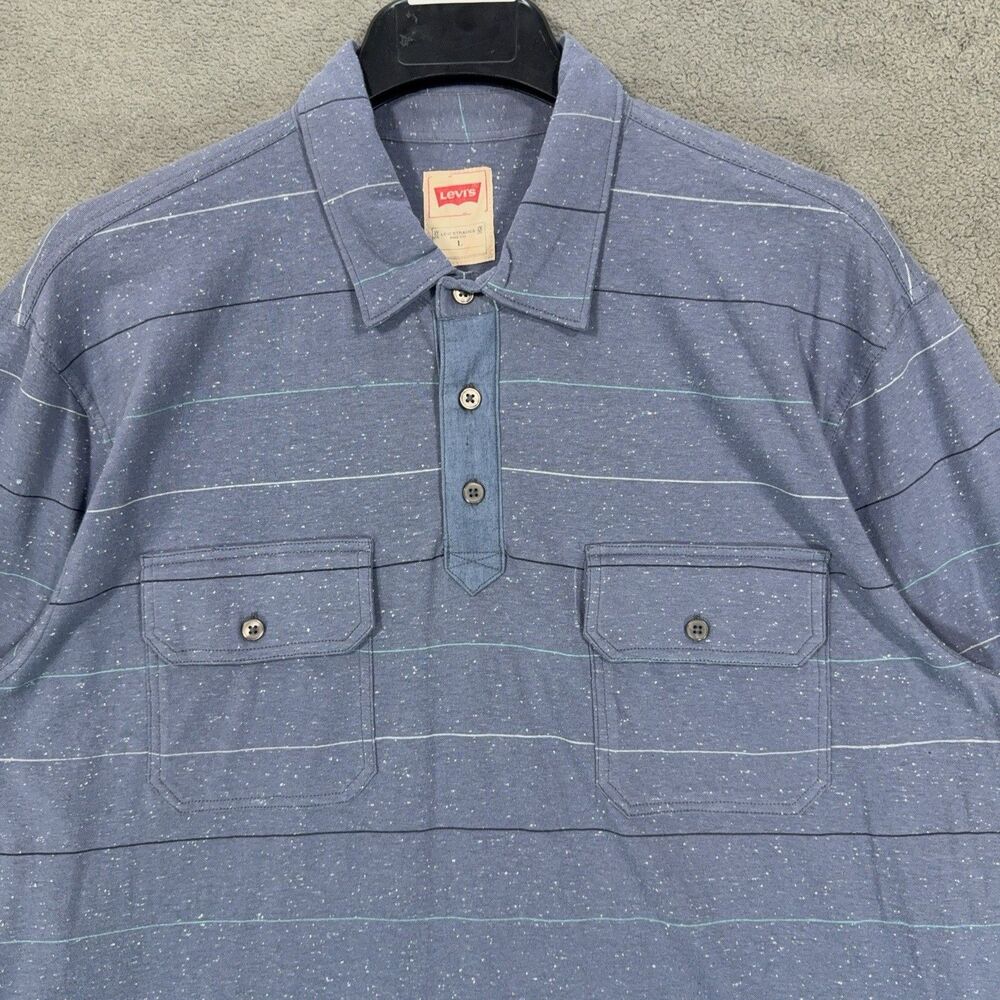 Levi's Men's Size L Long Sleeve Polo Shirt Blue Striped Speckled Knit 2 Pocket - Picture 2 of 7